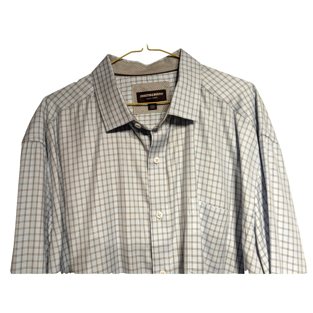 Johnston‎ & Murphy Shirt Mens 2XL Blue Brown Plaid Long Sleeve Button Up Cotton
